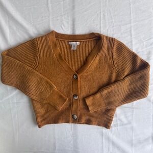 Sincerely Jules Cropped Cardigan Sweater Womens Medium Brown Ribbed Cozy Preppy